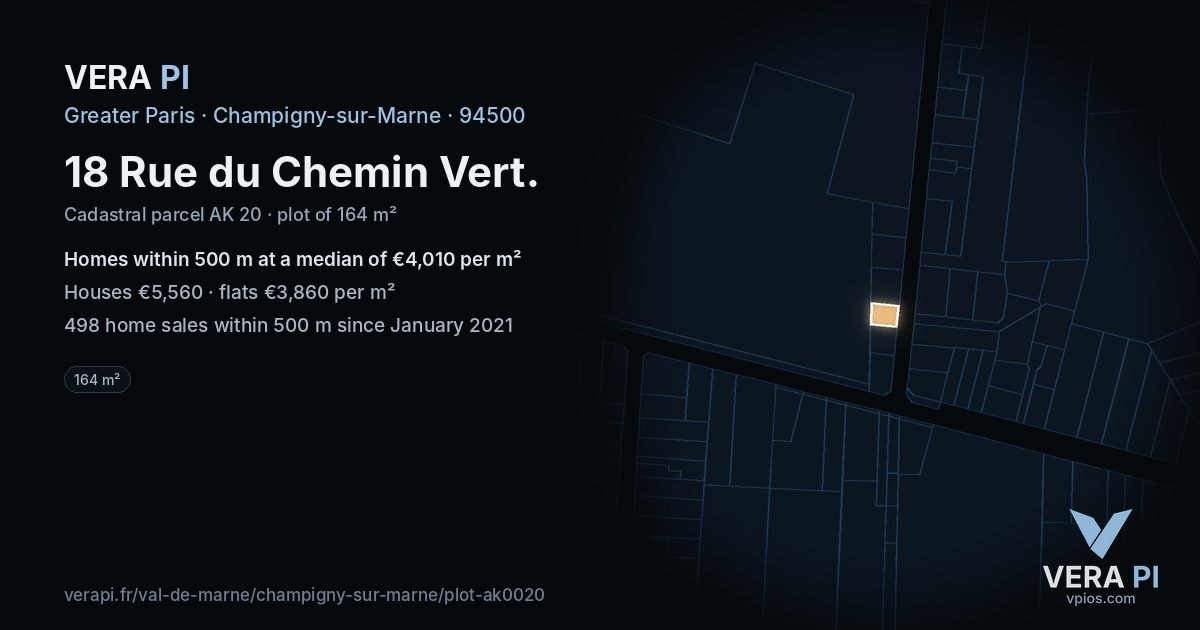 18 Rue du Chemin Vert, Champigny-sur-Marne at night – the plot lit, the parcels around coloured by the prices near them