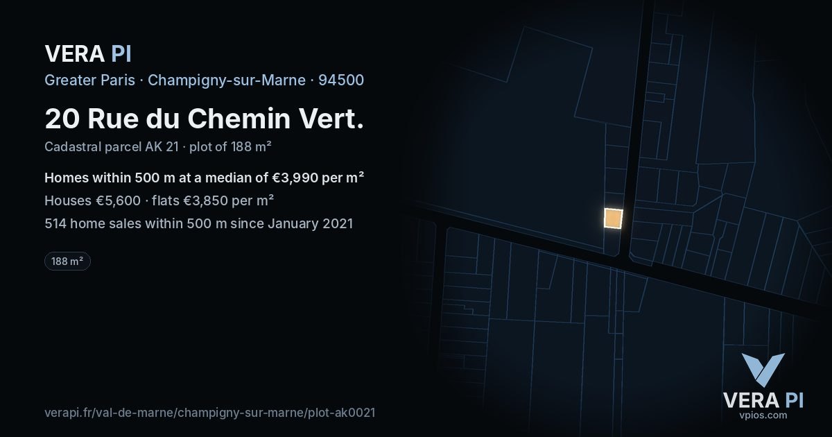 20 Rue du Chemin Vert, Champigny-sur-Marne at night – the plot lit, the parcels around coloured by the prices near them