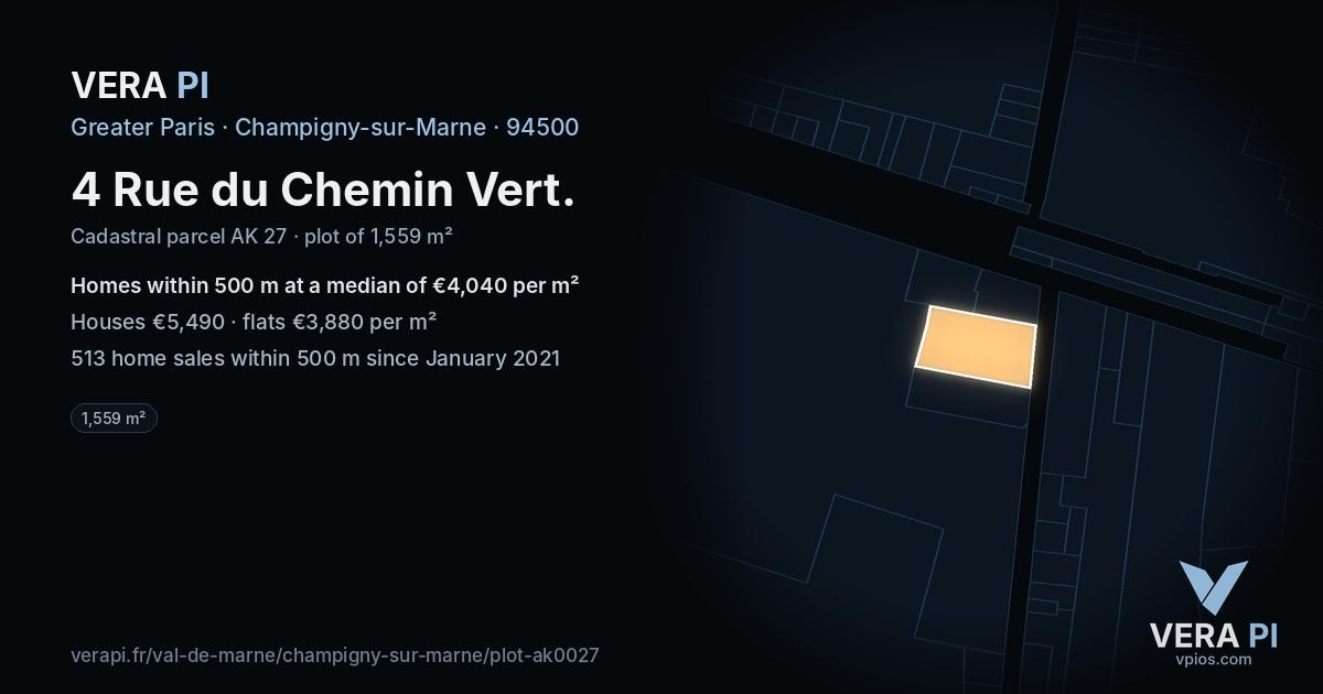 4 Rue du Chemin Vert, Champigny-sur-Marne at night – the plot lit, the parcels around coloured by the prices near them