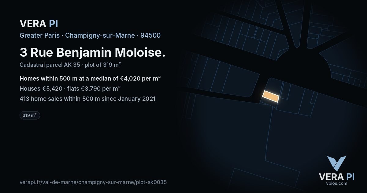 3 Rue Benjamin Moloise, Champigny-sur-Marne at night – the plot lit, the parcels around coloured by the prices near them