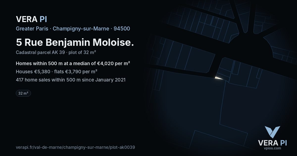 5 Rue Benjamin Moloise, Champigny-sur-Marne at night – the plot lit, the parcels around coloured by the prices near them