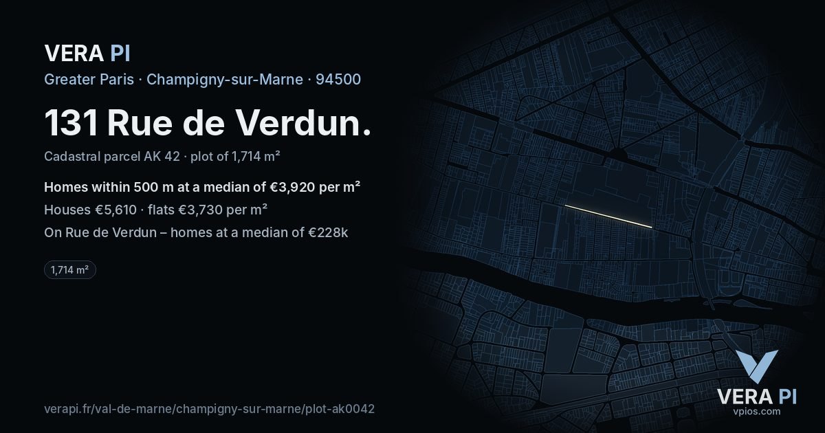 131 Rue de Verdun, Champigny-sur-Marne at night – the plot lit, the parcels around coloured by the prices near them