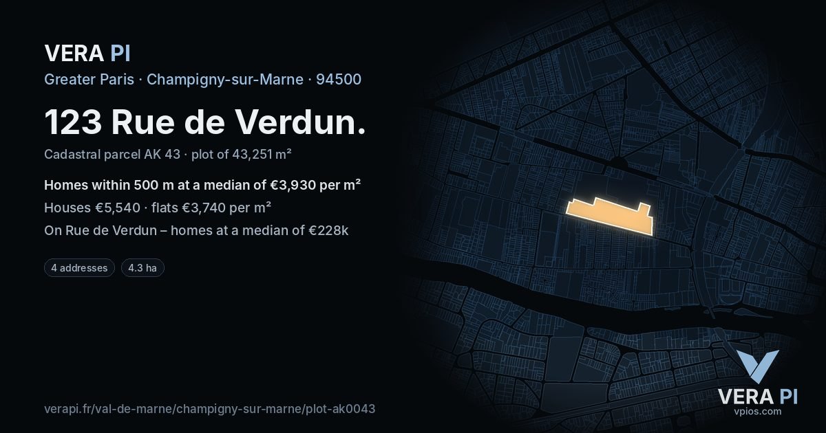 123 Rue de Verdun, Champigny-sur-Marne at night – the plot lit, the parcels around coloured by the prices near them