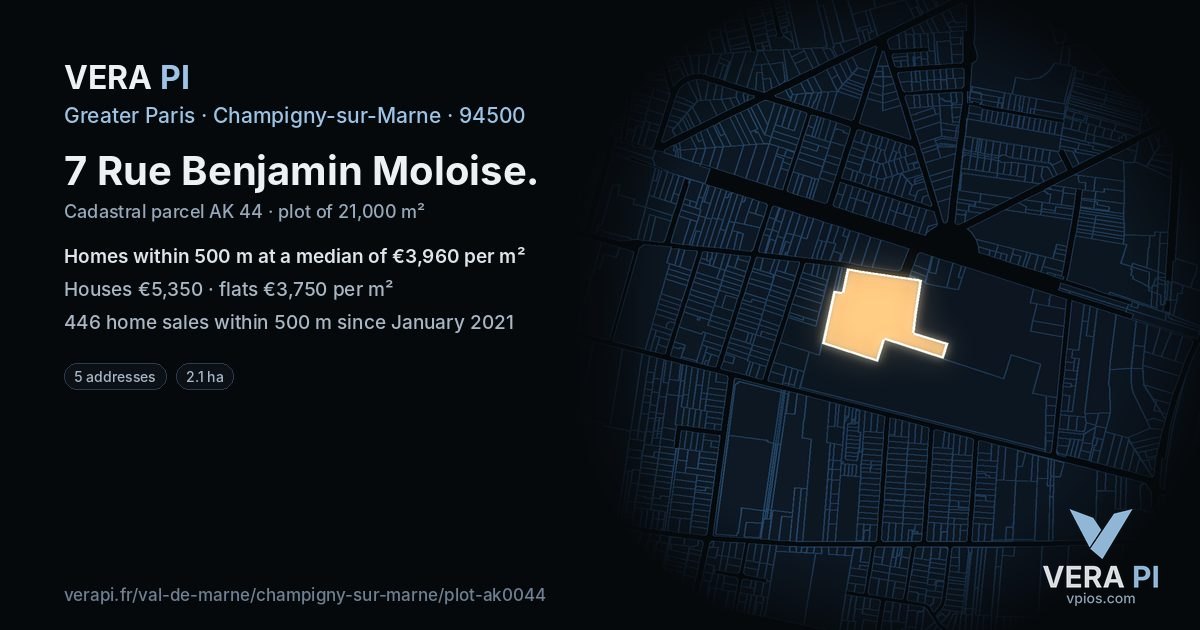 7 Rue Benjamin Moloise, Champigny-sur-Marne at night – the plot lit, the parcels around coloured by the prices near them