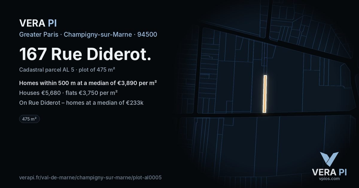 167 Rue Diderot, Champigny-sur-Marne at night – the plot lit, the parcels around coloured by the prices near them