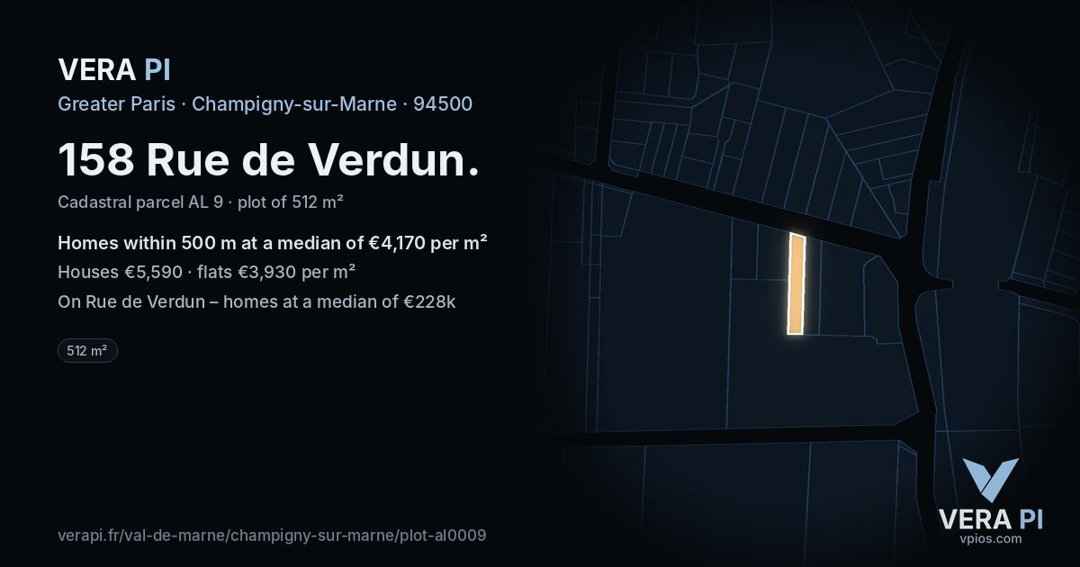 158 Rue de Verdun, Champigny-sur-Marne at night – the plot lit, the parcels around coloured by the prices near them
