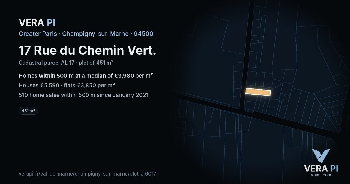 17 Rue du Chemin Vert, Champigny-sur-Marne at night – the plot lit, the parcels around coloured by the prices near them