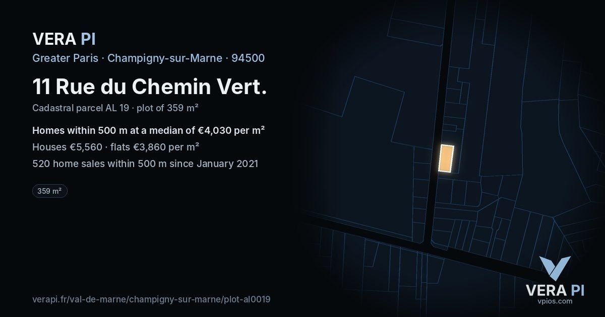 11 Rue du Chemin Vert, Champigny-sur-Marne at night – the plot lit, the parcels around coloured by the prices near them