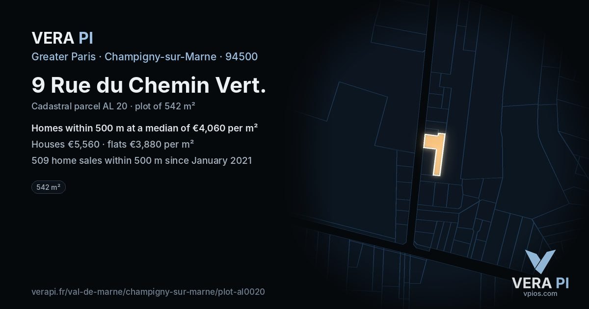 9 Rue du Chemin Vert, Champigny-sur-Marne at night – the plot lit, the parcels around coloured by the prices near them