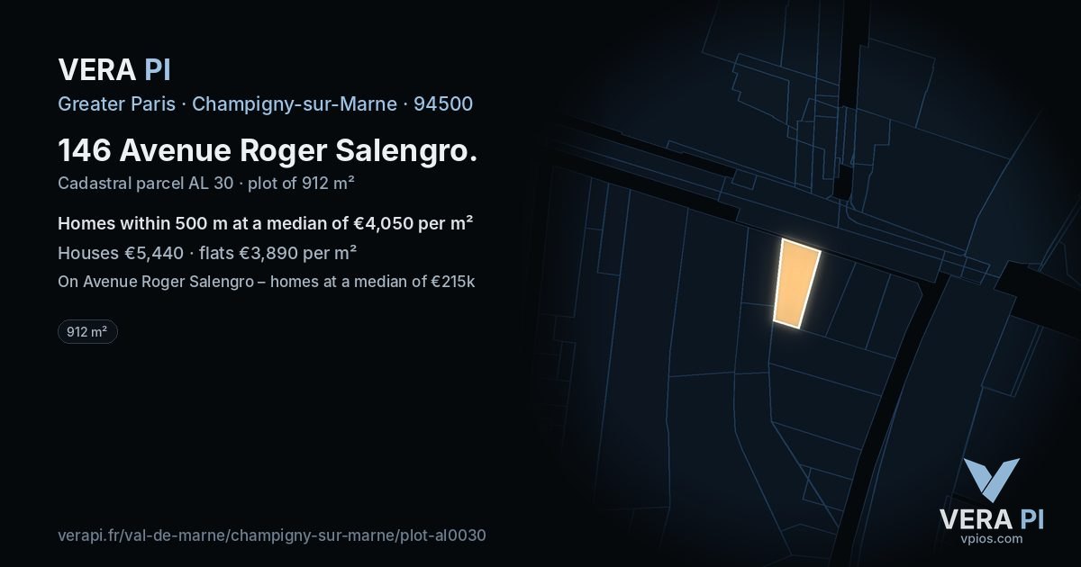 146 Avenue Roger Salengro, Champigny-sur-Marne at night – the plot lit, the parcels around coloured by the prices near them