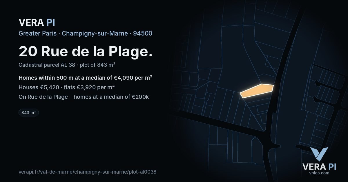 20 Rue de la Plage, Champigny-sur-Marne at night – the plot lit, the parcels around coloured by the prices near them
