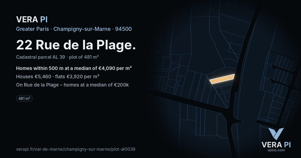 22 Rue de la Plage, Champigny-sur-Marne at night – the plot lit, the parcels around coloured by the prices near them