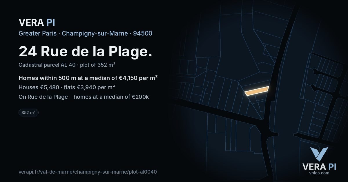 24 Rue de la Plage, Champigny-sur-Marne at night – the plot lit, the parcels around coloured by the prices near them