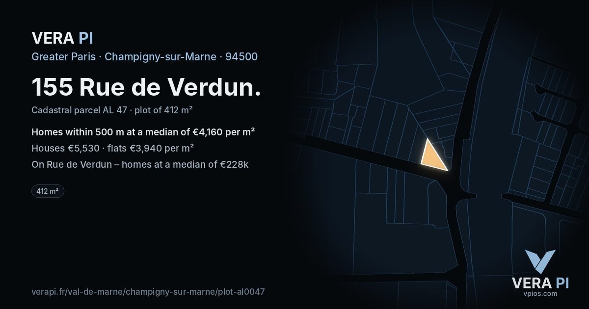 155 Rue de Verdun, Champigny-sur-Marne at night – the plot lit, the parcels around coloured by the prices near them