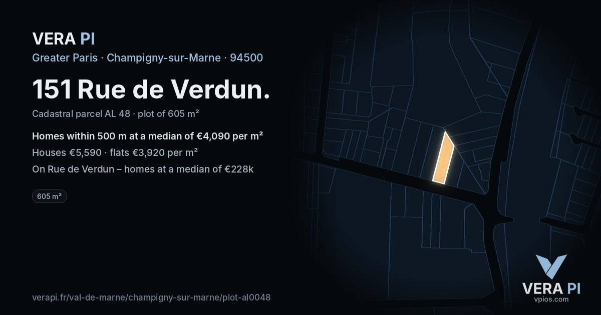 151 Rue de Verdun, Champigny-sur-Marne at night – the plot lit, the parcels around coloured by the prices near them