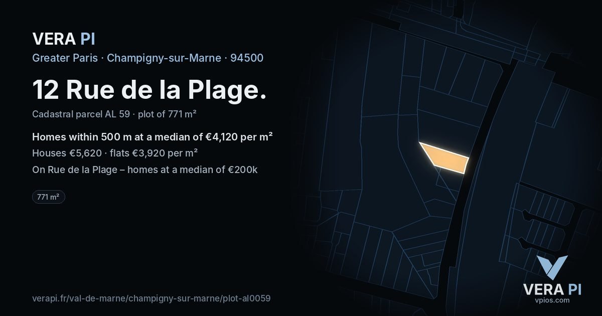 12 Rue de la Plage, Champigny-sur-Marne at night – the plot lit, the parcels around coloured by the prices near them