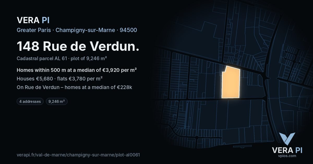 148 Rue de Verdun, Champigny-sur-Marne at night – the plot lit, the parcels around coloured by the prices near them