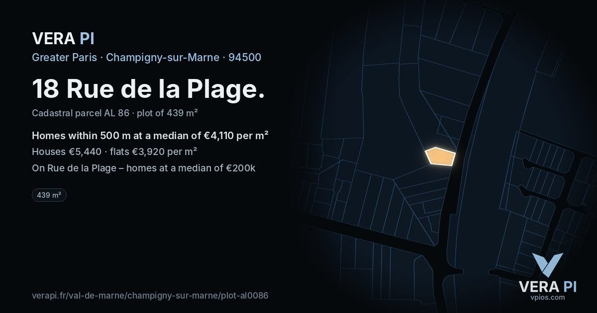 18 Rue de la Plage, Champigny-sur-Marne at night – the plot lit, the parcels around coloured by the prices near them
