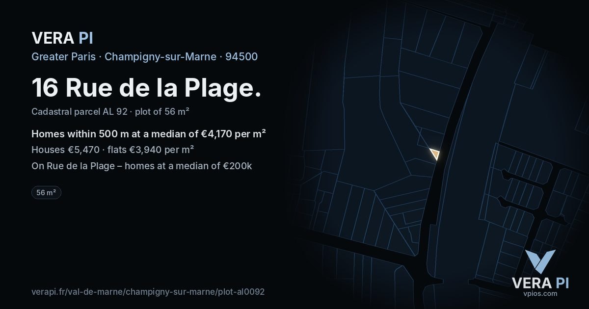16 Rue de la Plage, Champigny-sur-Marne at night – the plot lit, the parcels around coloured by the prices near them