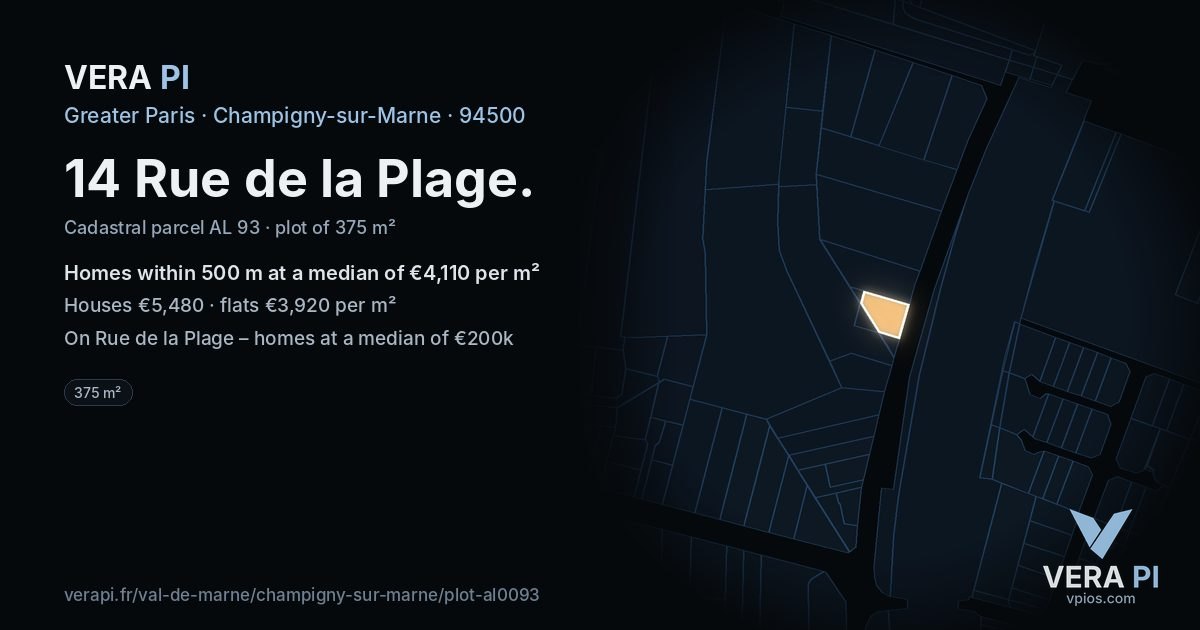 14 Rue de la Plage, Champigny-sur-Marne at night – the plot lit, the parcels around coloured by the prices near them