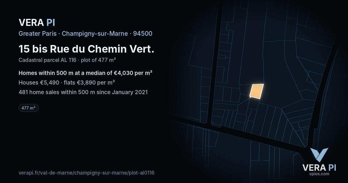 15 bis Rue du Chemin Vert, Champigny-sur-Marne at night – the plot lit, the parcels around coloured by the prices near them
