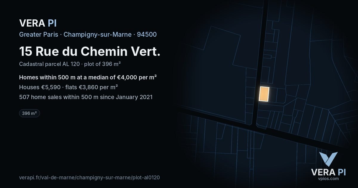 15 Rue du Chemin Vert, Champigny-sur-Marne at night – the plot lit, the parcels around coloured by the prices near them