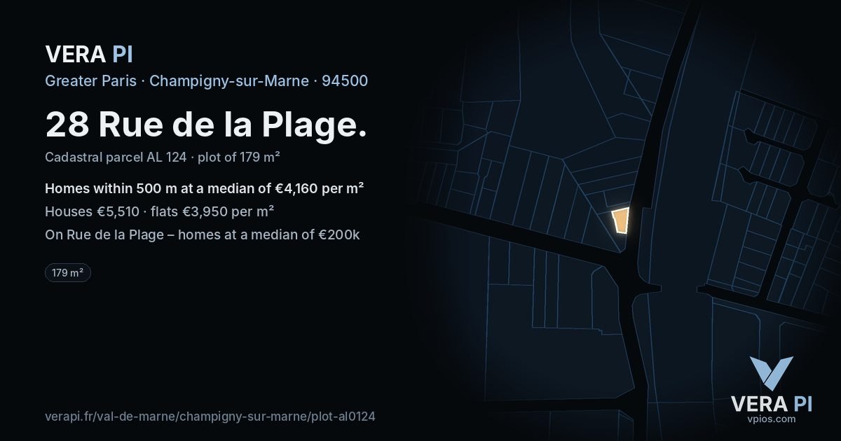 28 Rue de la Plage, Champigny-sur-Marne at night – the plot lit, the parcels around coloured by the prices near them