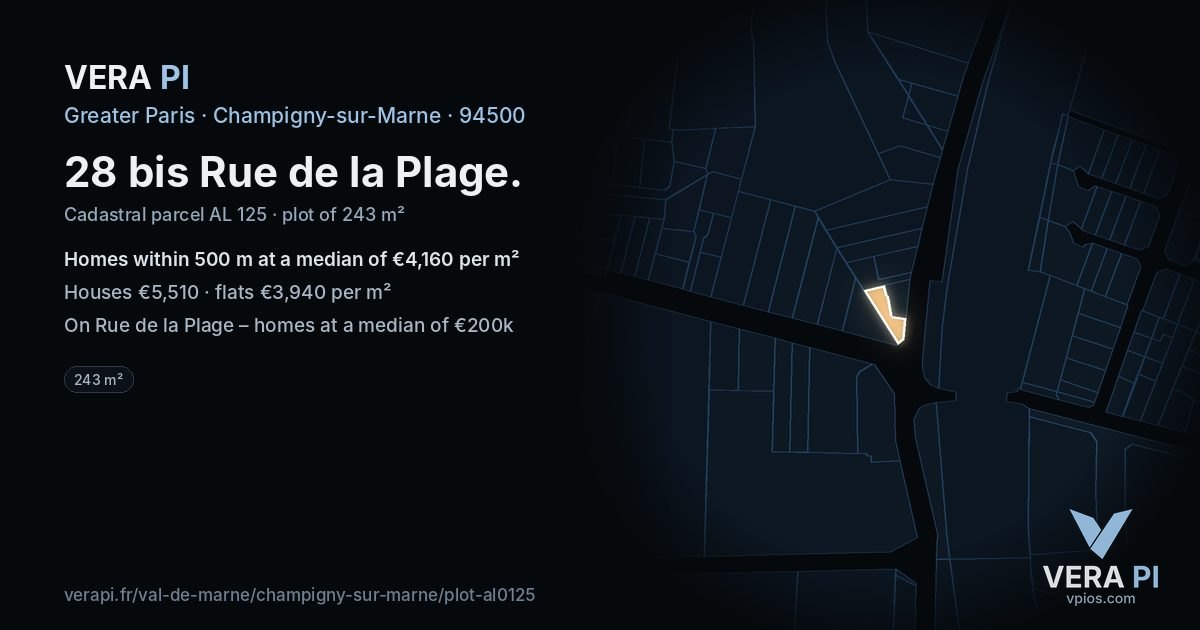 28 bis Rue de la Plage, Champigny-sur-Marne at night – the plot lit, the parcels around coloured by the prices near them