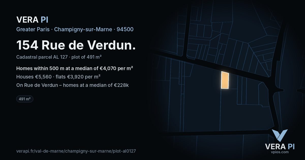 154 Rue de Verdun, Champigny-sur-Marne at night – the plot lit, the parcels around coloured by the prices near them