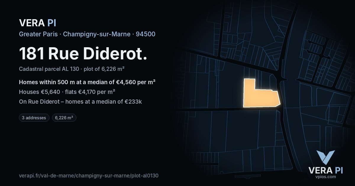 181 Rue Diderot, Champigny-sur-Marne at night – the plot lit, the parcels around coloured by the prices near them