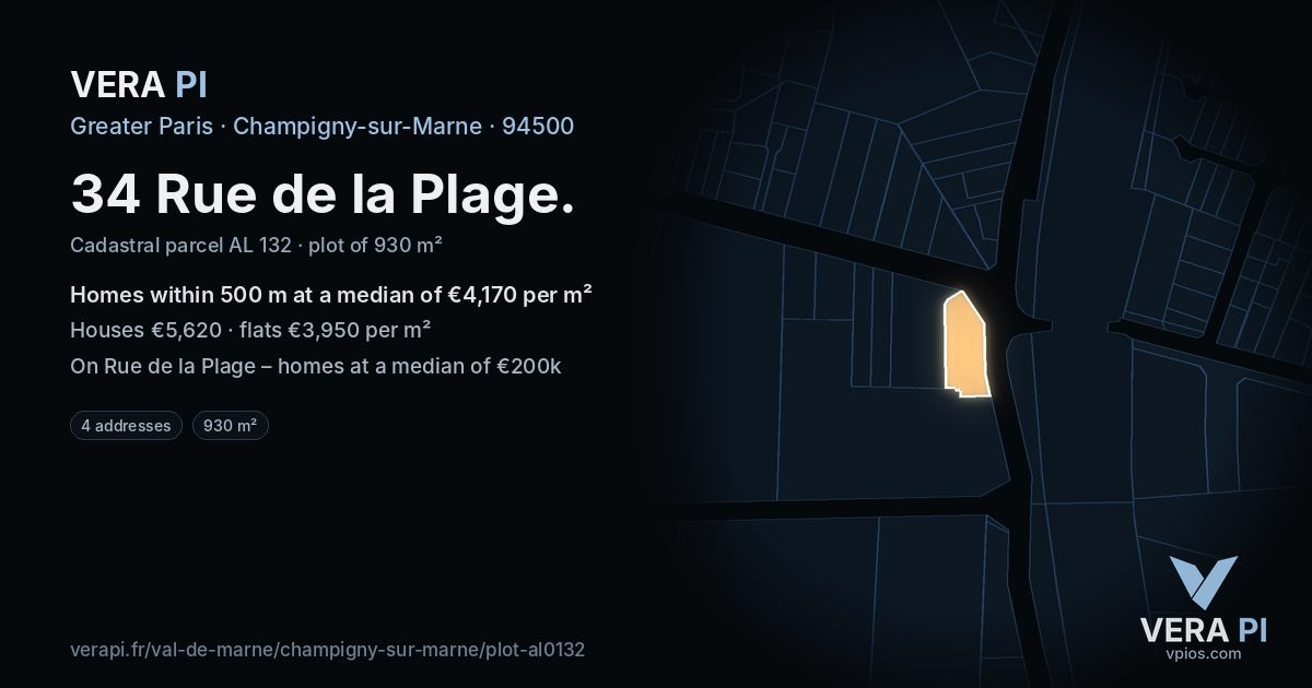 34 Rue de la Plage, Champigny-sur-Marne at night – the plot lit, the parcels around coloured by the prices near them