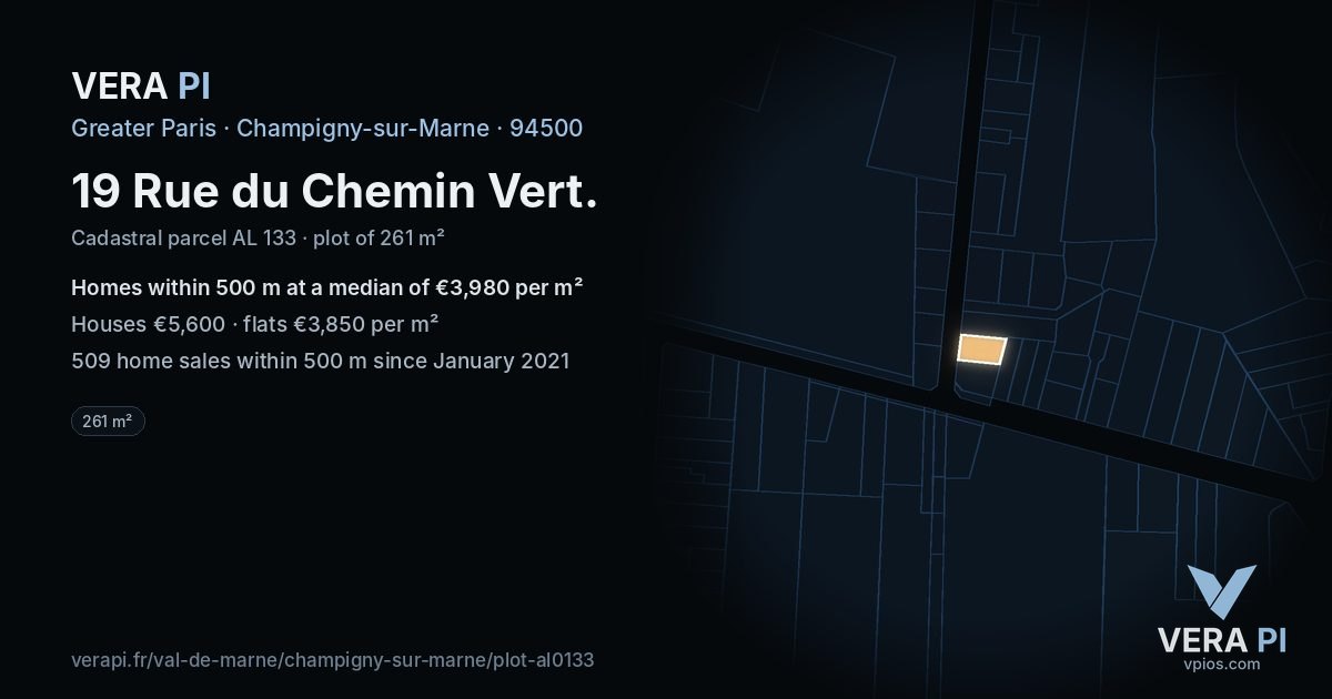 19 Rue du Chemin Vert, Champigny-sur-Marne at night – the plot lit, the parcels around coloured by the prices near them