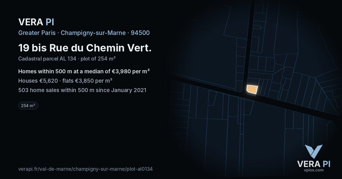 19 bis Rue du Chemin Vert, Champigny-sur-Marne at night – the plot lit, the parcels around coloured by the prices near them