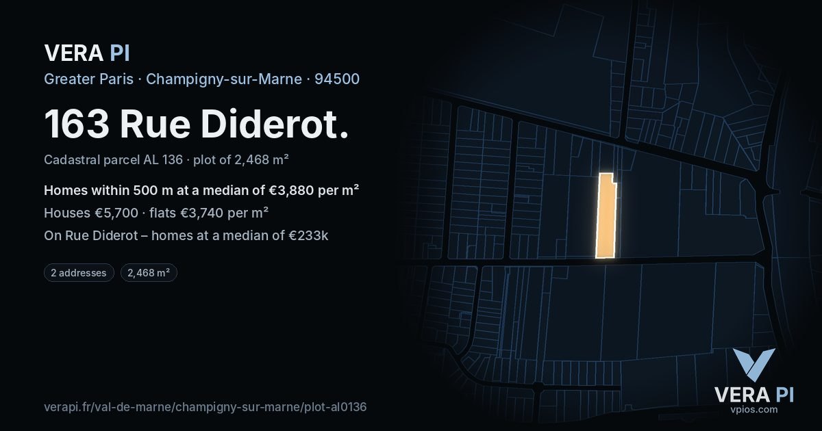 163 Rue Diderot, Champigny-sur-Marne at night – the plot lit, the parcels around coloured by the prices near them