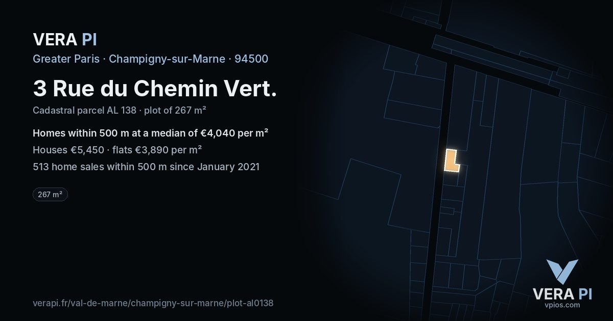 3 Rue du Chemin Vert, Champigny-sur-Marne at night – the plot lit, the parcels around coloured by the prices near them