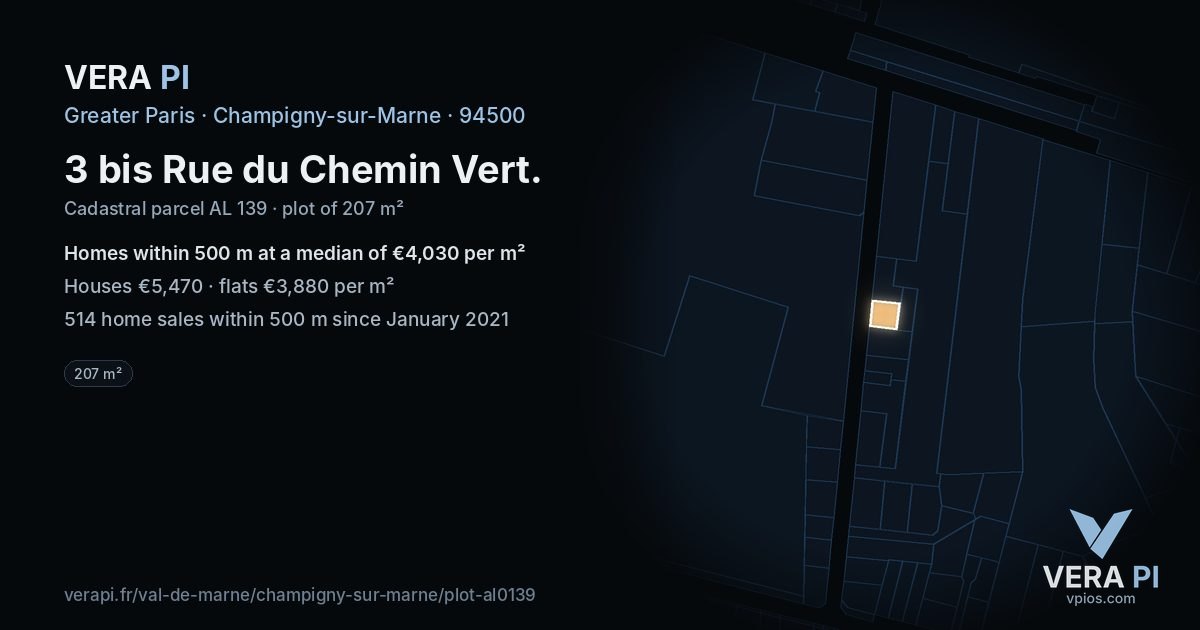 3 bis Rue du Chemin Vert, Champigny-sur-Marne at night – the plot lit, the parcels around coloured by the prices near them