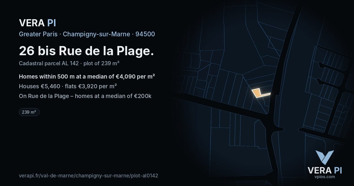 26 bis Rue de la Plage, Champigny-sur-Marne at night – the plot lit, the parcels around coloured by the prices near them