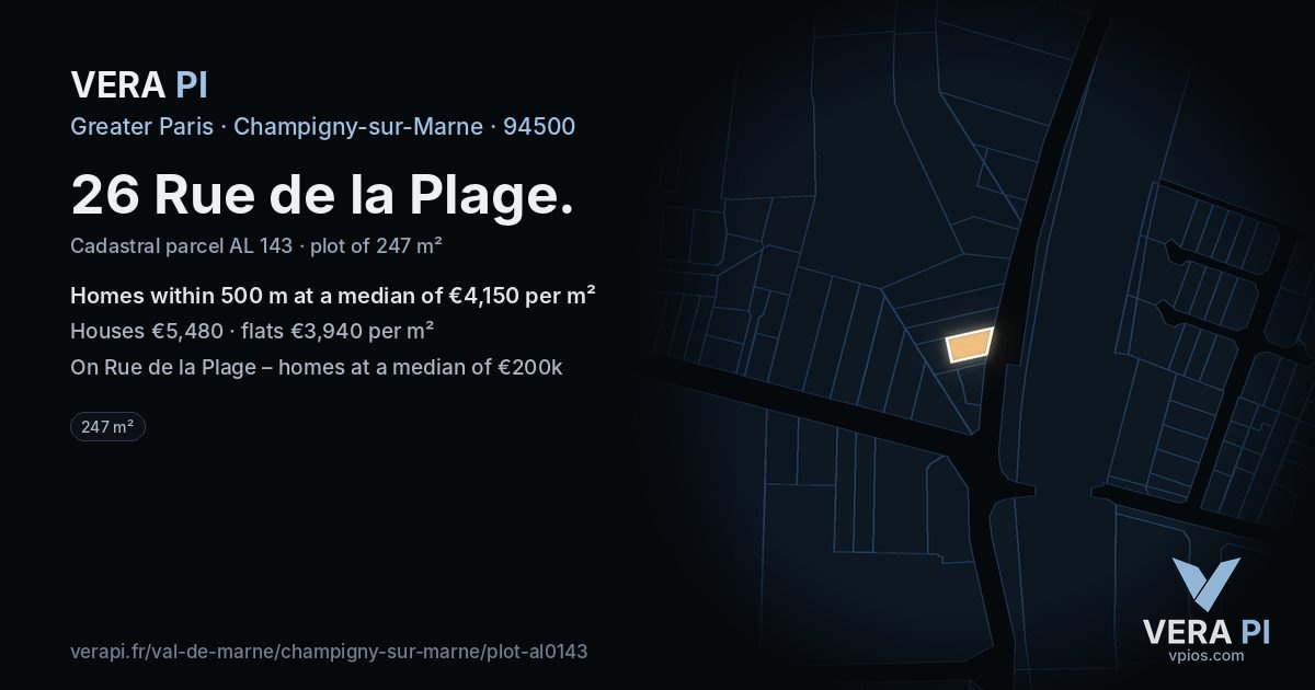 26 Rue de la Plage, Champigny-sur-Marne at night – the plot lit, the parcels around coloured by the prices near them