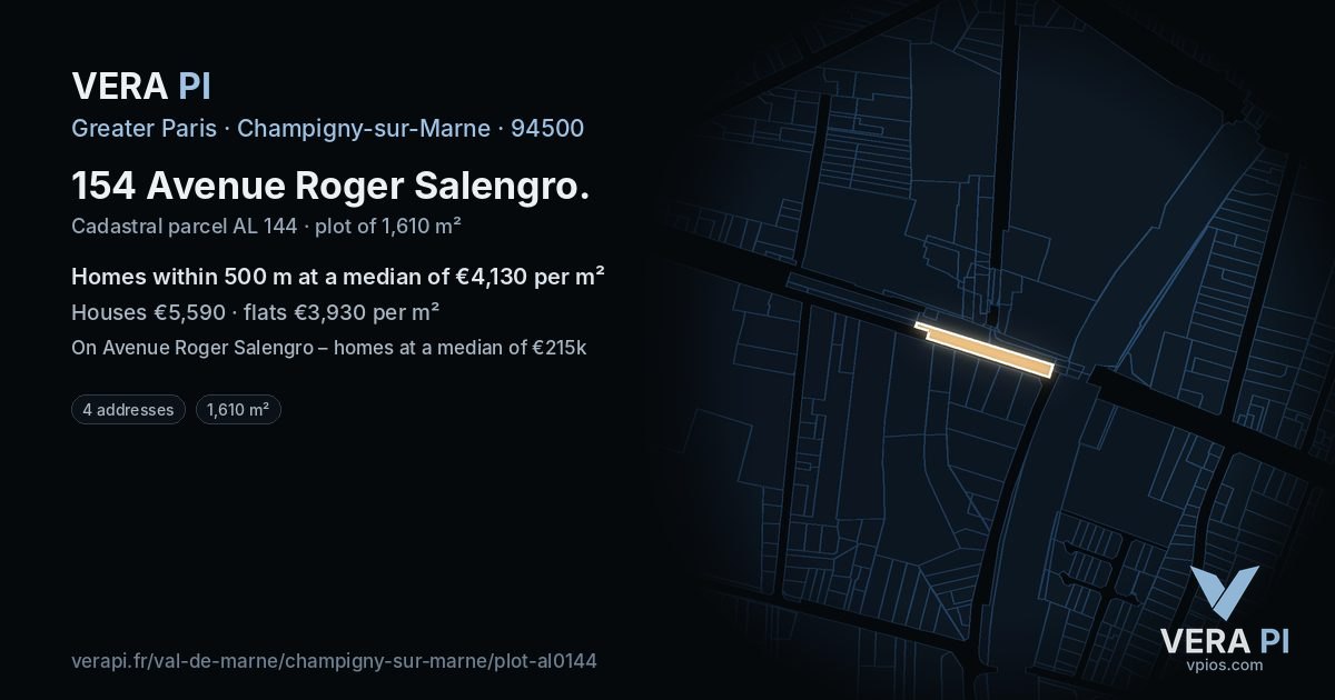 154 Avenue Roger Salengro, Champigny-sur-Marne at night – the plot lit, the parcels around coloured by the prices near them