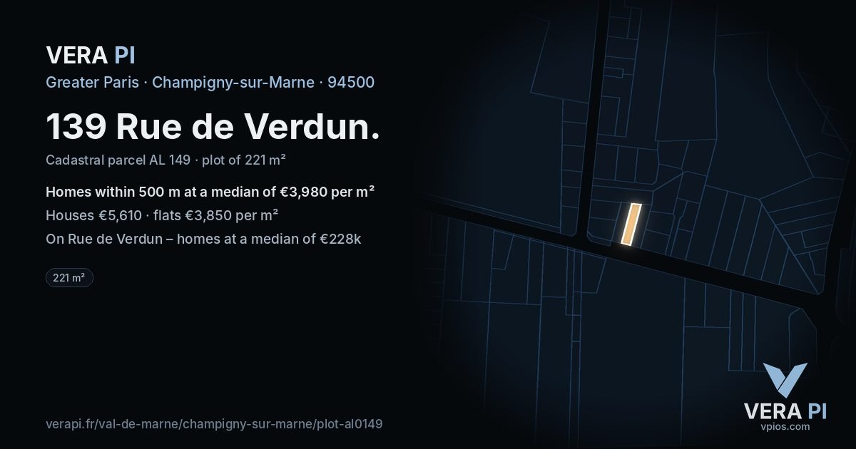 139 Rue de Verdun, Champigny-sur-Marne at night – the plot lit, the parcels around coloured by the prices near them