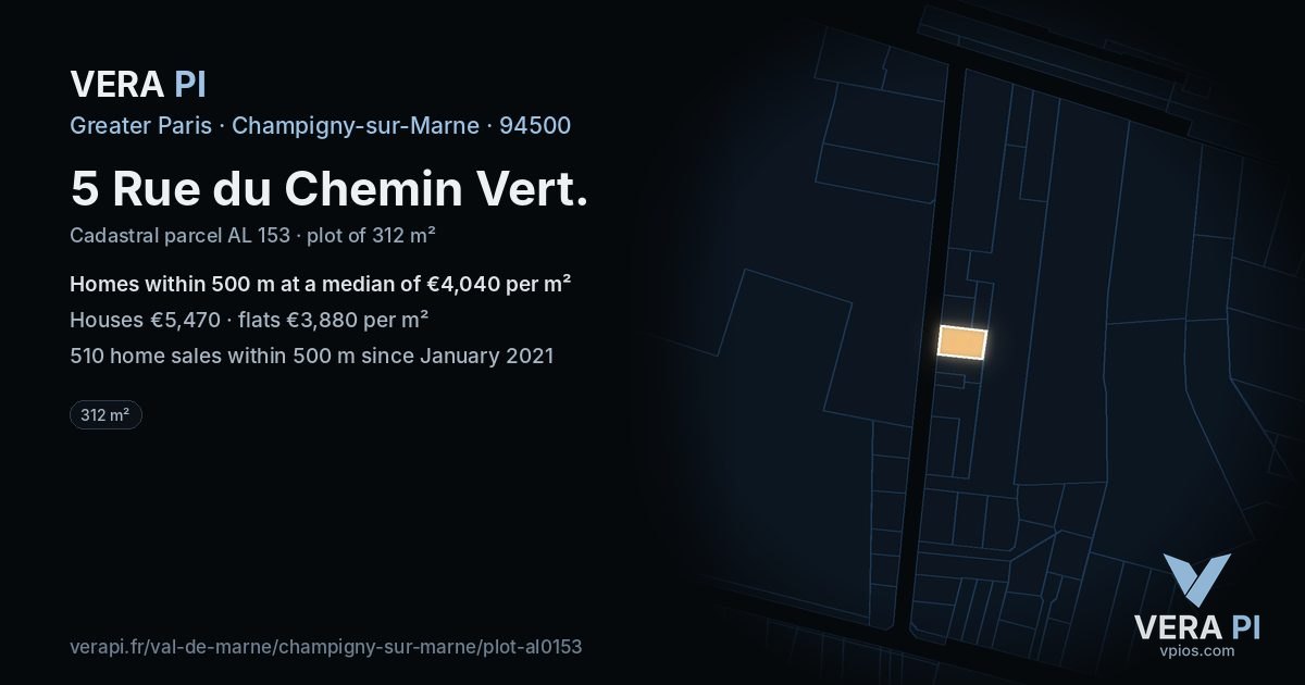 5 Rue du Chemin Vert, Champigny-sur-Marne at night – the plot lit, the parcels around coloured by the prices near them