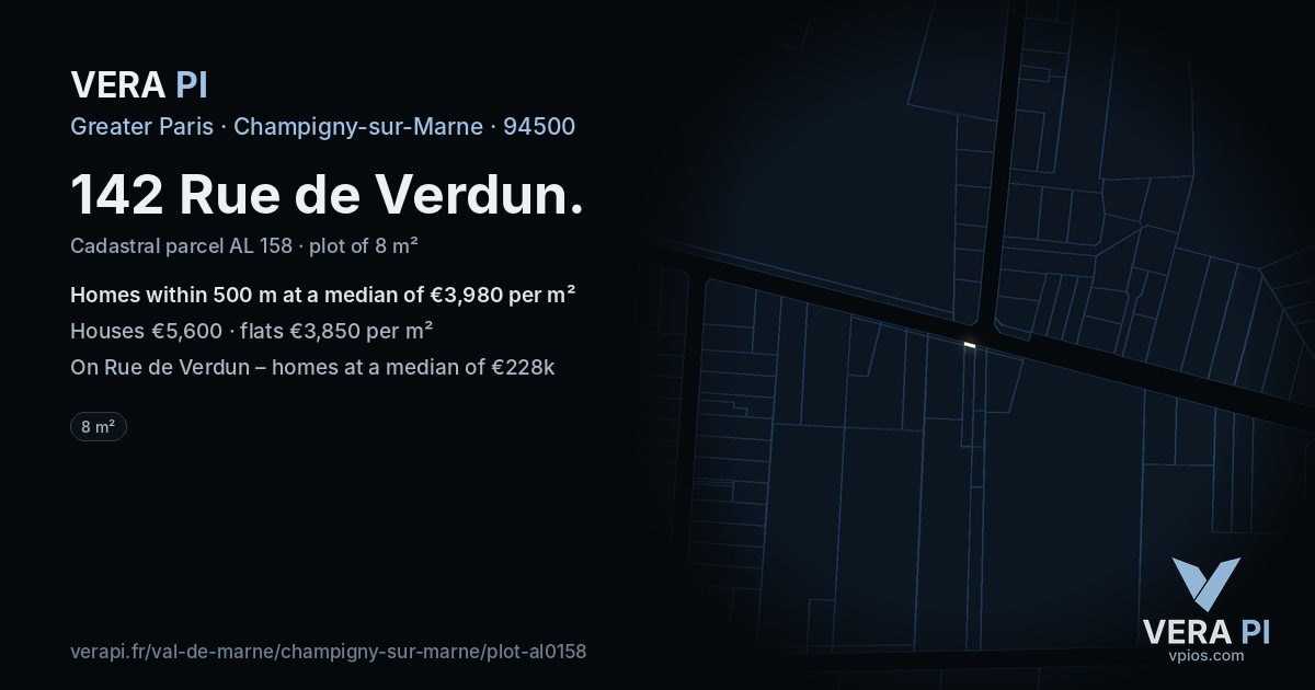 142 Rue de Verdun, Champigny-sur-Marne at night – the plot lit, the parcels around coloured by the prices near them