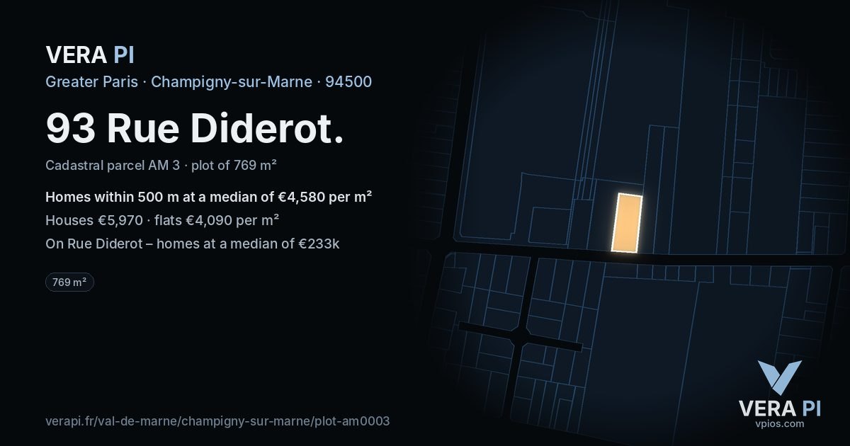 93 Rue Diderot, Champigny-sur-Marne at night – the plot lit, the parcels around coloured by the prices near them