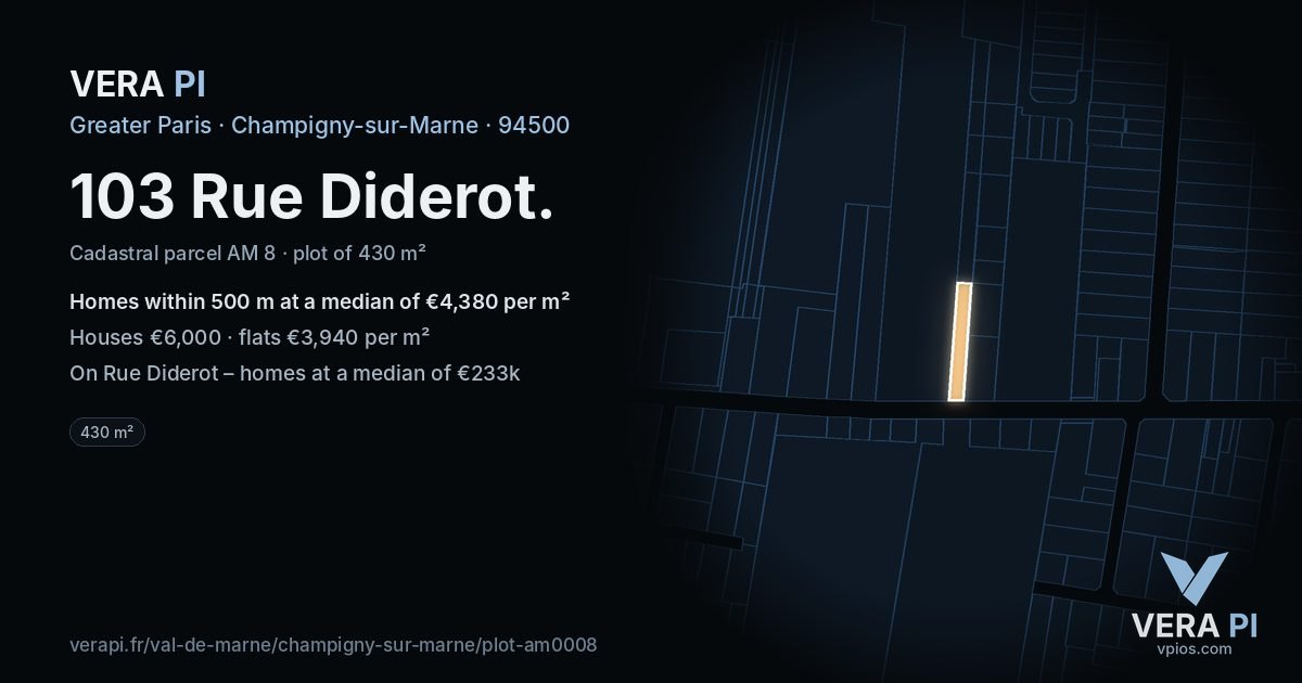 103 Rue Diderot, Champigny-sur-Marne at night – the plot lit, the parcels around coloured by the prices near them