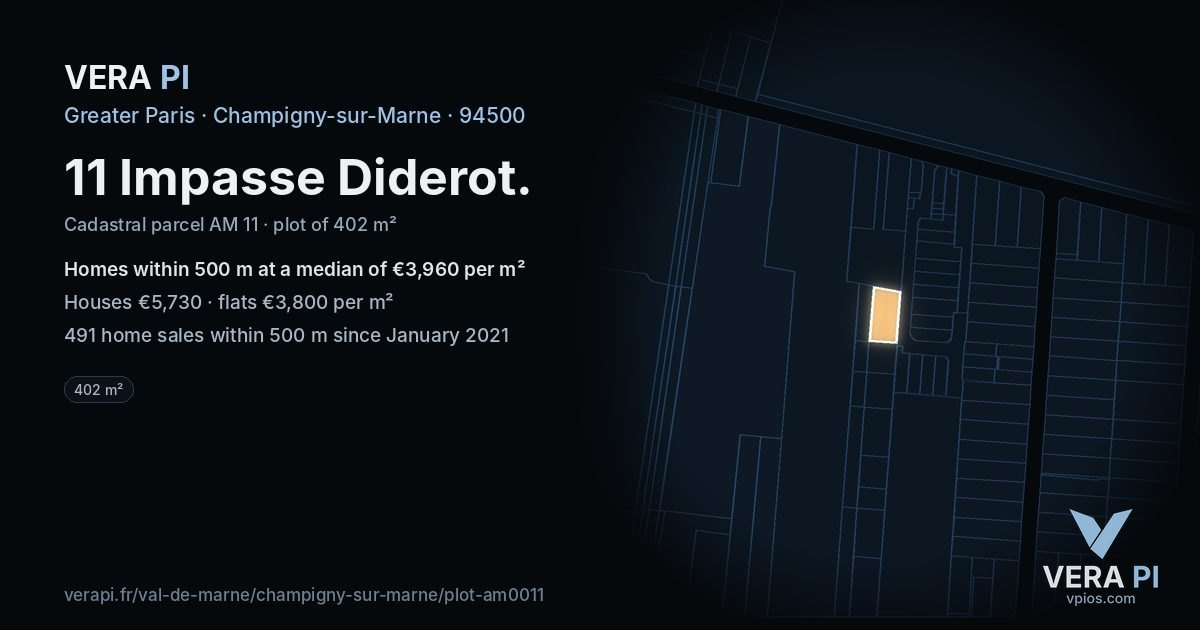 11 Impasse Diderot, Champigny-sur-Marne at night – the plot lit, the parcels around coloured by the prices near them