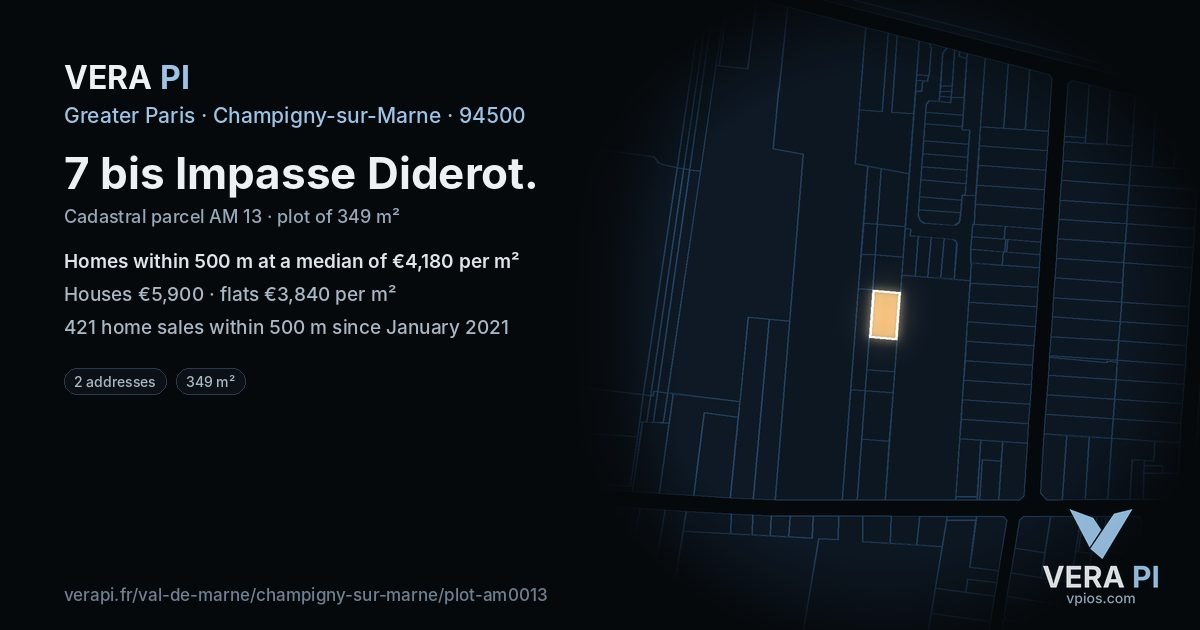 7 bis Impasse Diderot, Champigny-sur-Marne at night – the plot lit, the parcels around coloured by the prices near them