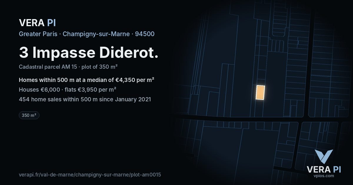 3 Impasse Diderot, Champigny-sur-Marne at night – the plot lit, the parcels around coloured by the prices near them