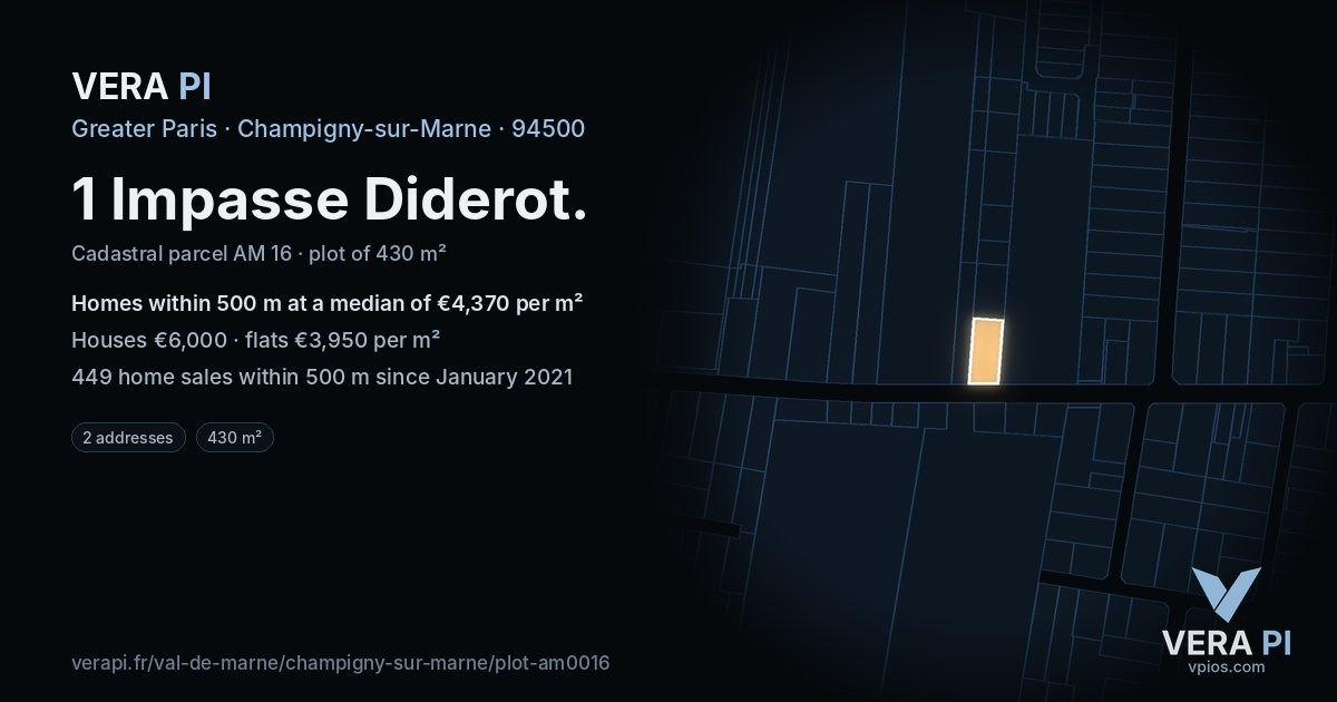 1 Impasse Diderot, Champigny-sur-Marne at night – the plot lit, the parcels around coloured by the prices near them