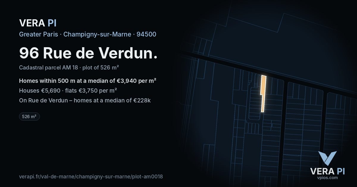 96 Rue de Verdun, Champigny-sur-Marne at night – the plot lit, the parcels around coloured by the prices near them