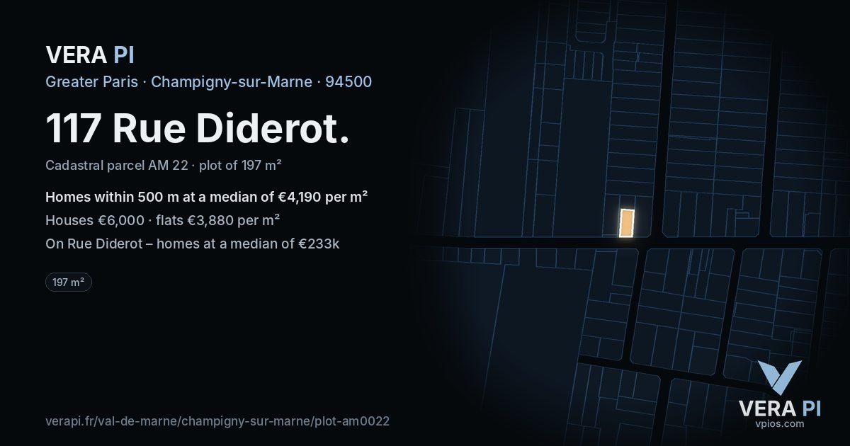117 Rue Diderot, Champigny-sur-Marne at night – the plot lit, the parcels around coloured by the prices near them